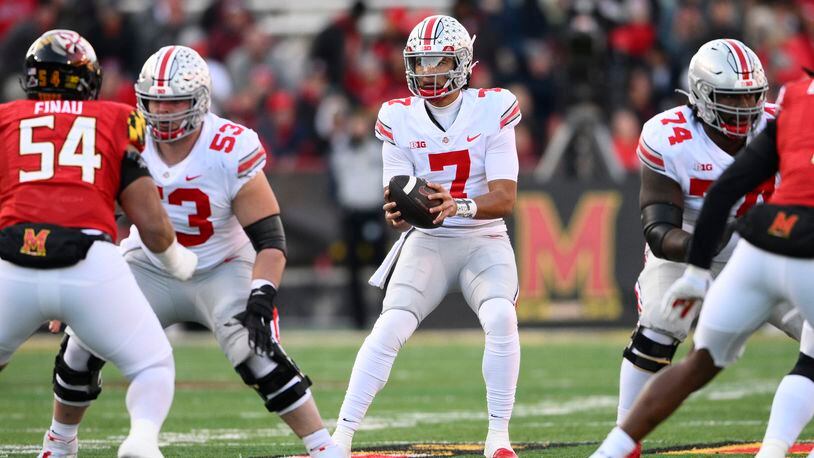 Quarterback C.J. Stroud and the Ohio State Buckeyes will face Georgia in the Chick-fil-A Peach Bowl Dec. 31 at Mercedes-Benz Stadium in Atlanta. (AP file photo/Nick Wass)