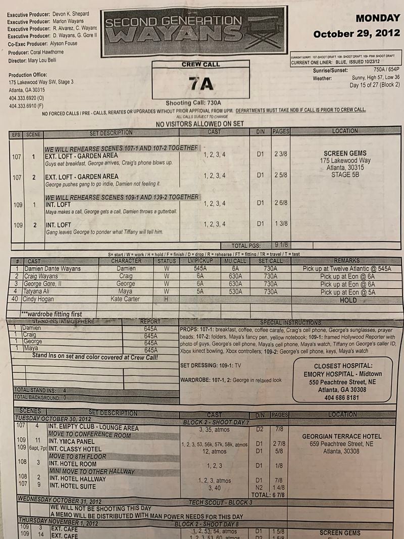 In 2012, EUE Screen Gems hosted a short-lived BET show "Second Generation Wayans." This was a daily production sheet the AJC picked up at the time.