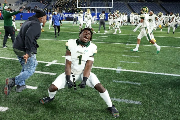 Grayson wide receiver Jamal Haynes (1) celebrates after their 38-14 win against Collins Hill during the Class 7A state high school football final at Center Parc Stadium Wednesday, December 30, 2020 in Atlanta. JASON GETZ FOR THE ATLANTA JOURNAL-CONSTITUTION