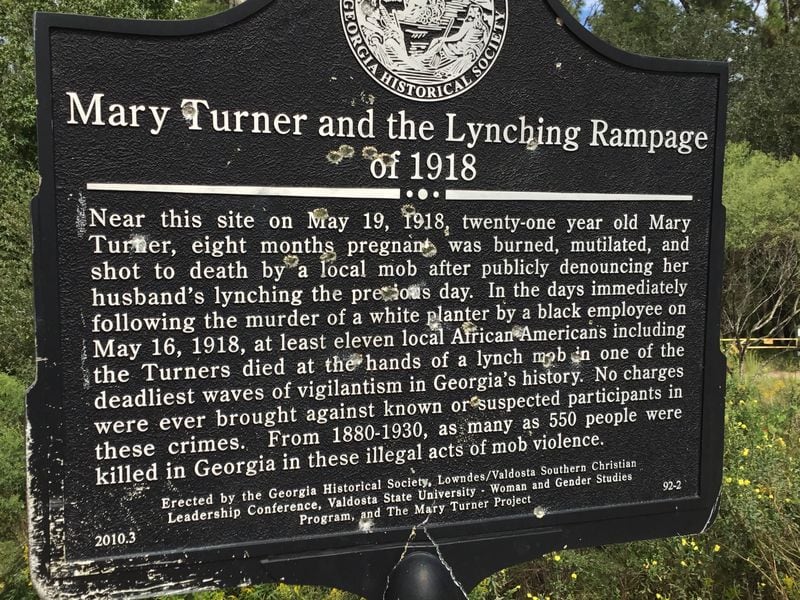 The marker recognizing the lynching of Mary Turner has long been a target of vandalism in Lowndes County, but in fall 2020, vandals tried to tear it down. Turner's family, The Mary Turner Project and the Georgia Historical Society plan to reinstall a new version of the marker at a new location. CONTRIBUTED