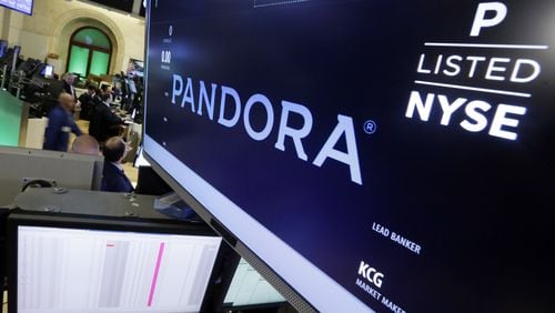 Pandora is displayed above a post where it trades on the floor of the New York Stock Exchange in 2015. (AP Photo/Richard Drew, File)