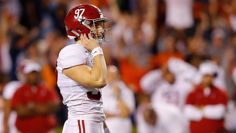 Alabama kicker Joseph Bulovas stares in disbelief after missing a game-tying 20-yard field goal in the final minutes of their 48-45 loss to the Auburn Tigers Nov. 30, 2019, at Jordan Hare Stadium in Auburn, Ala.
