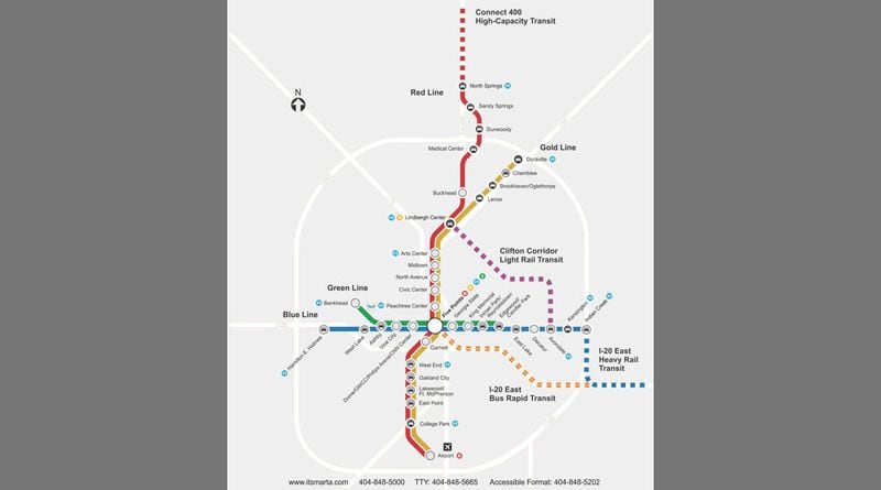This map shows three proposed expansion routes that MARTA officials say could be funded if taxpayers in Fulton and DeKalb agreed to pay an additional half-percent sales tax.
