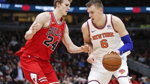 Knicks star Kristaps Porzingis lost to Lauri Markkanen and the Bulls on Saturday. (AP Photo)