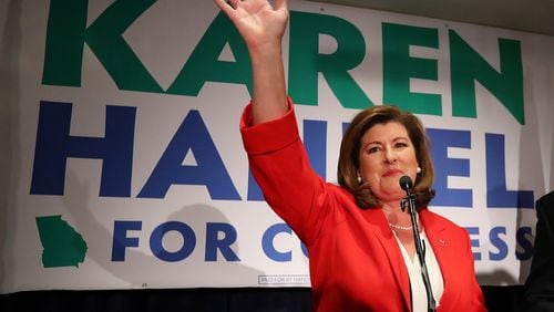 June 20, 2017, Atlanta: Karen Handel makes a early appearance to thank her supporters after the first returns came in during her election night party in the 6th District race with Jon Ossoff on Tuesday, June 20, 2017, in Atlanta. Curtis Compton/ccompton@ajc.co