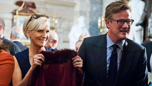 UNITED STATES - NOVEMBER 19: Television personality Mika Brzezinski, and her co-host Joe Scarborough, attend a bust unveiling ceremony for the late Czech leader Vaclav Havel in the Capitol's Statuary Hall, November 19, 2014. (Photo By Tom Williams/CQ Roll Call)