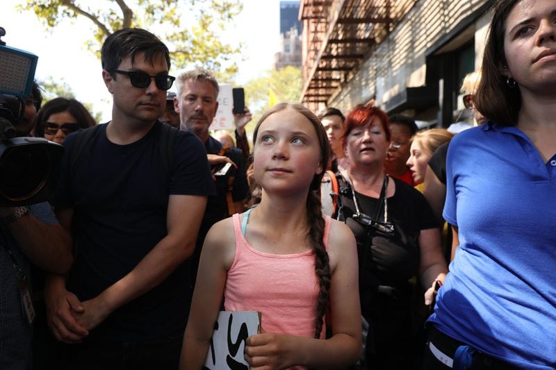 Swedish climate activist Greta Thunberg, 16, attends a youth led protest in front of the United Nations (UN) in support of measures to stop climate change on on August 30, 2019 in New York City. Thunberg joined dozens of other youth in the protest and march which demanded that politicians and others in power do more to halt a warming planet. 