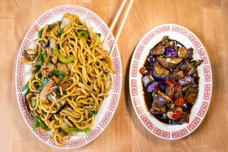 Double Dragon Vegetable Chow Mein Noodles and Woked Eggplant. / Photo credit- Mia Yakel.