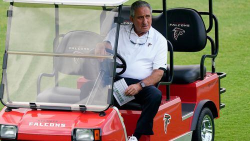 Atlanta Falcons owner Arthur Blank watches during the team's mini camp workout from a golf cart Tuesday, June 8, 2021, in Flowery Branch. (John Bazemore/AP)
