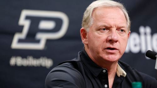 Purdue athletic director Mike Bobinski announces that Darrell Hazell has been fired as head football coach Sunday, Oct. 16, 2016, at Purdue University in West Lafayette, Ind. Gerad Parker was named as interim head coach. (John Terhune/Journal &amp; Courier via AP)