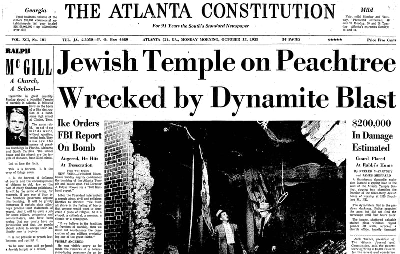 Ralph McGill's column about the bombing of The Temple appeared the day following the October 1958 attack. It was on the front page of The Atlanta Constitutiion alongside coverage of the bombing. (AJC archives)