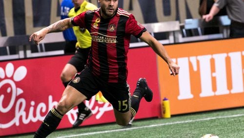 Atlanta United forward Hector Villalba (15) pushes the ball up field during the first half of a MLS soccer game against Montreal Impact at Mercedes-Benz Stadium, Sunday, Sept. 24, 2017, in Atlanta.  BRANDEN CAMP/SPECIAL