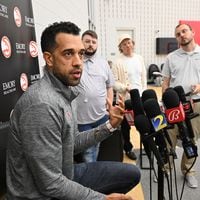 Atlanta Hawks general manager Landry Fields takes questions during team exit interviews as the season comes to an end at the Atlanta Hawks practice facility, Friday, April 19, 2024, in Brookhaven. (Hyosub Shin / Hyosub.Shin@ajc.com)
