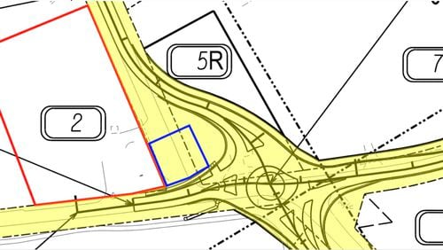 Milton recently approved an agreement with Bloom General Store that will allow the doughnut and coffee shop to use land owned by the city for outdoor dining. The yellow shading shows the right of way owned by the city. The blue outline shows the portion of the right of way that Bloom General Store has requested to use for outdoor tables and chairs, picnic tables, and benches. (Courtesy City of Milton)