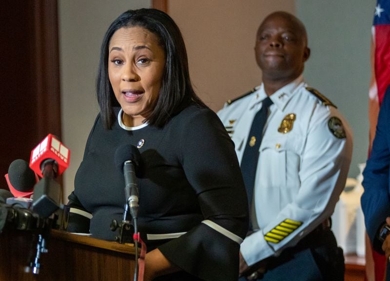 Fulton County District Attorney Fani Willis talks at a news conference in Atlanta on Tuesday.