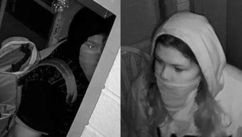 Police released surveillance images of two people accused of breaking into a Toys for Tots center and a salvage store in Gainesville.