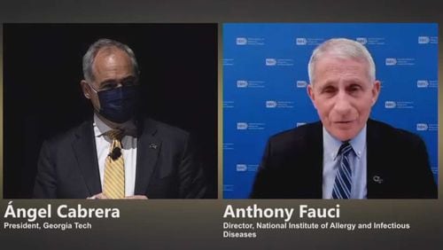 Georgia Tech President Ángel Cabrera (left) leads a discussion with Dr. Anthony Fauci, director of the National Institute of Allergy and Infectious Diseases on March 15, 2021. PHOTO CREDIT: GEORGIA TECH.