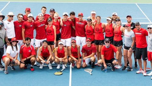 Georgia's men's and women's teams got a rare opportunity to practice side-by-side at the NCAA Tennis Championships on Tuesday. Both squads have advanced to the Elite Eight at the tournament on the USTA National Campus in Lake Nona, Fla. (Photo from UGA Athletics)