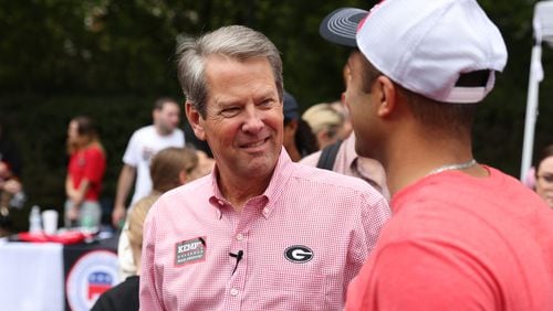 Governor Brian Kemp visits the UGA College Republicans at Herty Field before the Georgia football team hosted Samford, Saturday, September 10, 2022, in Athens. (Jason Getz / Jason.Getz@ajc.com)