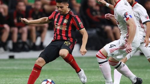 October 30, 2019 Atlanta: Atlanta United midfielder Pity Martinez works against Toronto FC during the first half in the Eastern Conference Final on Wednesday, October 30, 2019, in Atlanta.   Curtis Compton/ccompton@ajc.com
