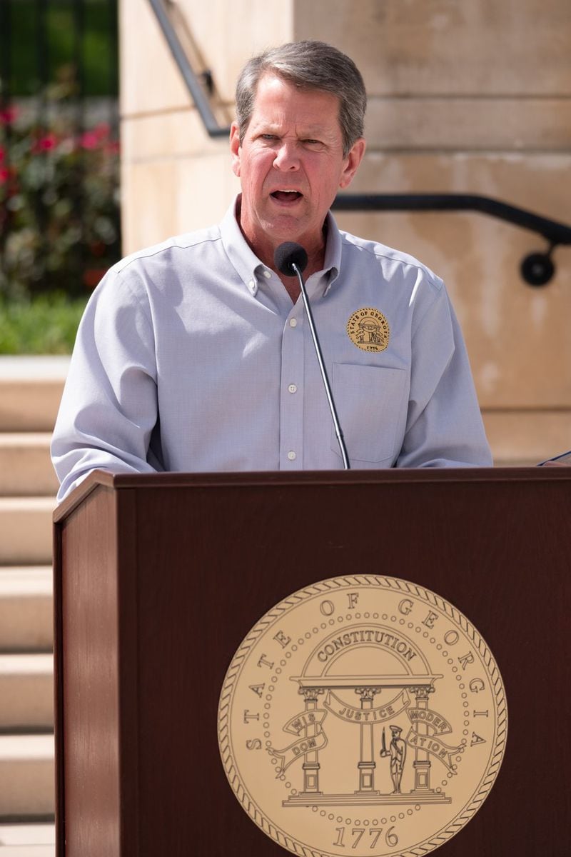 Gov. Brian Kemp delivers updates and answers journalists’ questions during a press conference outside of the State Capitol on Monday afternoon April 13, 2020. BEN@BENGRAY.COM FOR THE ATLANTA JOURNAL-CONSTITUTION
