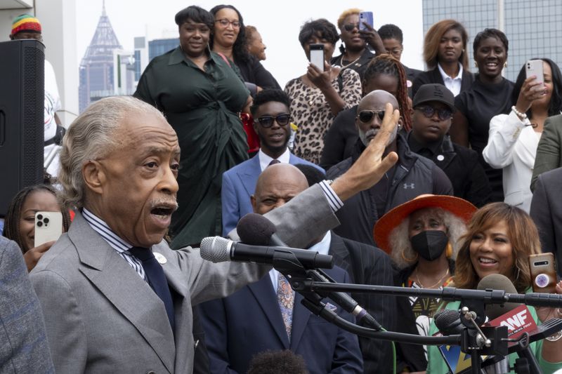 The Rev. Al Sharpton speaks to supporters and journalists after leaving federal court in Atlanta on Tuesday, Sept. 26, 2023 following a hearing for the Fearless Fund. (Ben Gray / Ben@BenGray.com)