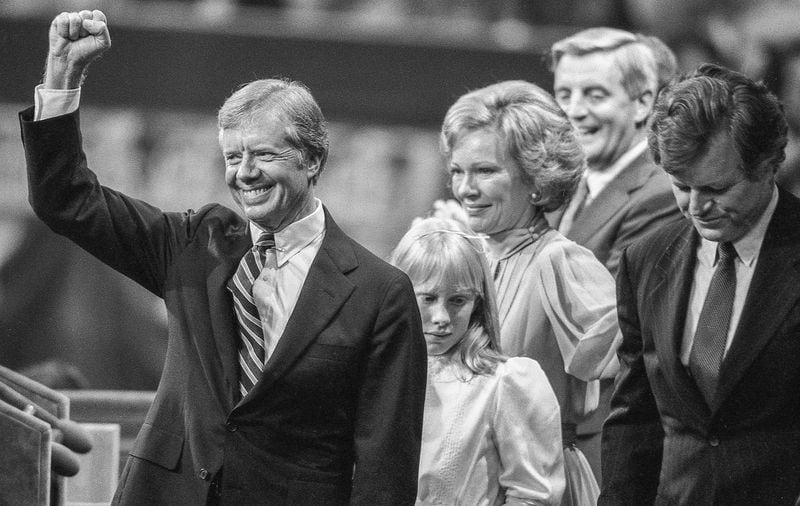 President Jimmy Carter embarked on his campaign for reelection on Aug. 14, 1980, at Madison Square Garden in New York City. Joining him on the platform were Amy Carter, Rosalynn Carter, Vice President Walter Mondale and Carter's Democratic rival, Sen. Edward Kennedy. Mondale died Monday at age 93. (John Spink / Shot for the Kansas City Times)