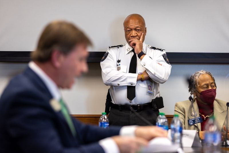 Cobb County Sheriff Craig Owens (center) listens to the Senate Public Safety Committee at the Capitol on March 13, 2024. Owens received $22,600 in donations last year from Talitrix and others with ties to the company. (Arvin Temkar / arvin.temkar@ajc.com)