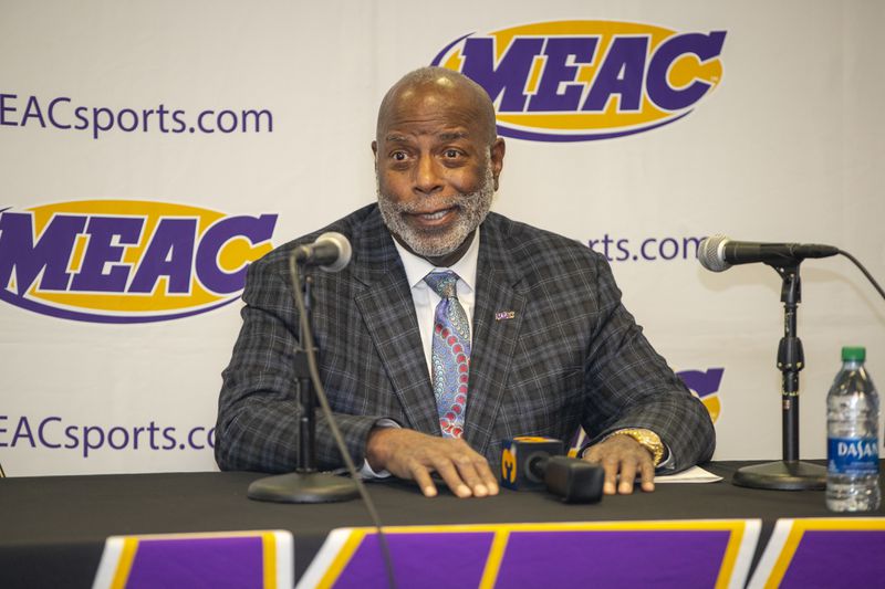 MEAC Commissioner Dennis Thomas speaks during a press conference during the 2020 MEAC Basketball Tournament at The Scope in Norfolk, Virginia on March 11, 2020. {Photo by Mark W. Sutton}