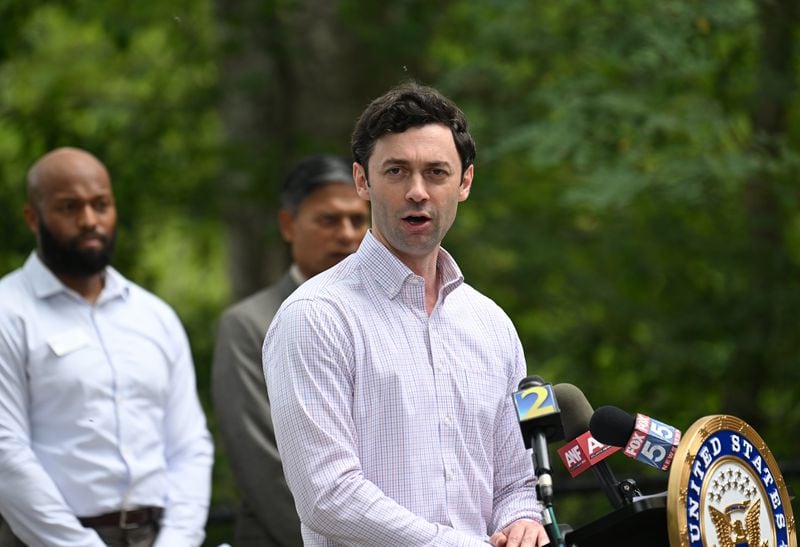 U.S. Sen. Jon Ossoff speaks during an event that intended to educate members of the public about implementation of the Chattahoochee River Act at Jones Bridge Park, Thursday, August 3, 2023, in Peachtree Corners. The Chattahoochee River Act was sponsored by Rep. Lucy McBath and Sen. Jon Ossoff in the House and Senate. (Hyosub Shin / Hyosub.Shin@ajc.com)