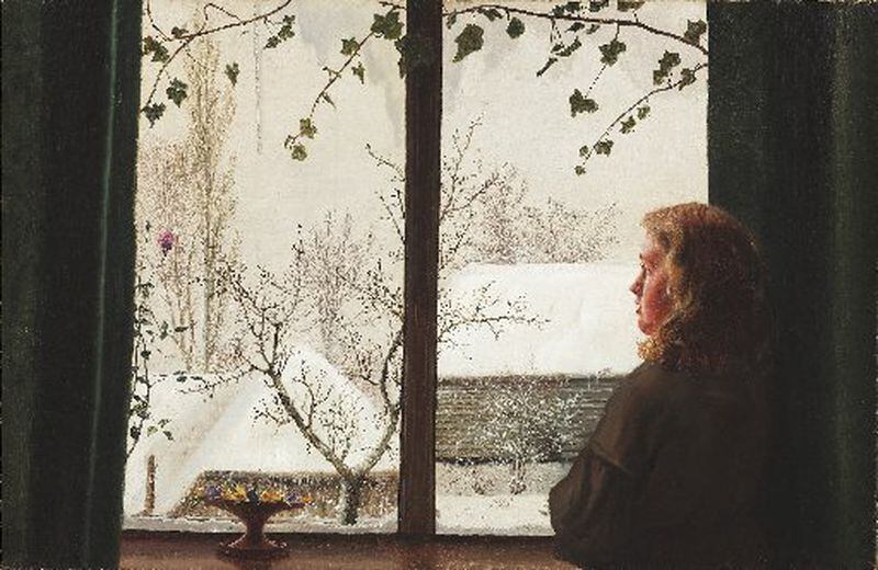 Danish artist Vilhelm Kyhn's oil on canvas "Girl at a Window" (circa 1880).