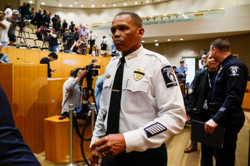 Charlotte-Mecklenburg Police Chief Johnny Jennings leaves a press conference in Charlotte, N.C., Tuesday, April 30, 2024, regarding a shooting that killed four officers during an attempt to serve a warrant on April 29. (AP Photo/Nell Redmond)