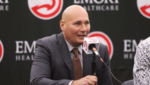June 24, 2019 Brookhaven- Atlanta Hawks General Manager Travis Schlenk speaks at the introductory press conference for Cam Reddish, a Hawks 2019 draft pick,  at the Hawks practice facility, in the Emory Sports Medicine Complex, in Brookhaven, Georgia on Monday June 24, 2019. Reddish was selected by the Atlanta Hawks in the 2019 NBA Draft on  June 20, 2019, and was the 10th overall pick. Reddish previously played small forward/shooting guard for the Duke University Blue Devils. Christina Matacotta/CHRISTINA.MATACOTTA@AJC.COM