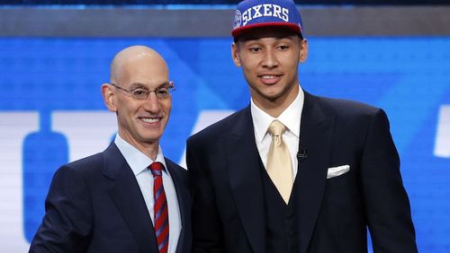 Ben Simmons, the Philadelphia 76ers' first-round, and first overall, draft pick with NBA Commissioner Adam Silver, left, during the NBA Draft on Thursday, June 23, 2016, from Barclays Center in Brooklyn, N.Y. (Yong Kim/Philadelphia Daily News/TNS)