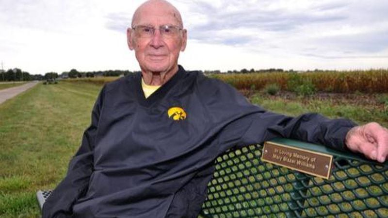 Bob Williams, 94, sits on a bench dedicated to the memory of his wife, Mary Elizabeth, who died in 2012.