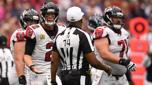Falcons quarterback Matt Ryan questions an official in the third quarter against the Houston Texans Oct. 6, 2019, at NRG Stadium in Houston.