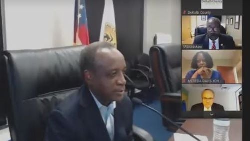 DeKalb County CEO Michael Thurmond and several members of the DeKalb County Board of Commissioners during a virtual Tuesday morning meeting. SCREENSHOT