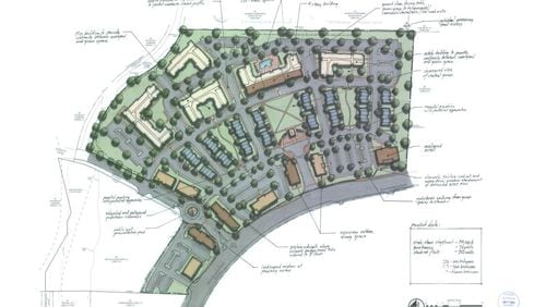 This is an updated site plan for the East Village Roswell, a 350-apartment development on the site of a former Super Target on Holcomb Bridge Road. It was updated after the Roswell City Council voiced concern about the original plan. (Photo courtesy of The Worthing Companies)