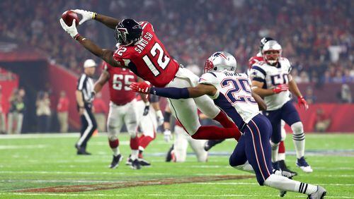 Falcons wide receiver Mohamed Sanu, seen here making a catch in the Super Bowl with Eric Rowe of the Patriots defending, does not mind playing preseason games without a game plan.