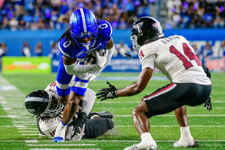 Wide receiver for GSU, Peter Kikwata, runs the ball during the GSU v Troy football game Saturday, September 30, 2023 (Jamie Spaar for the Atlanta Journal Constitution)