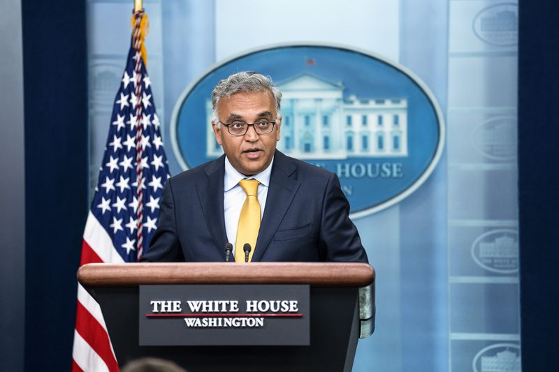 Dr. Ashish Jha, the White House COVID-19 response coordinator, makes remarks during a news briefing at the White House in Washington on Thursday, June 2, 2022. Jha said that the first COVID-19 shots for children under age five could become available as early as June 21, and that states can begin ordering them from the Biden administration beginning on Friday. (Doug Mills/The New York Times)