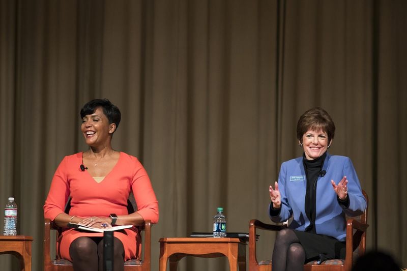 Atlanta mayoral candidates Keisha Lance Bottoms, left, and Mary Norwood, participate in a forum held by former mayoral candidate Cathy Woolard at the Carter Center, Tuesday. Both Atlanta city councilwomen are on the runoff ticket for the city’s next mayor. The winner of the election will be the second woman Atlanta mayor. ALYSSA POINTER/ALYSSA.POINTER@AJC.COM