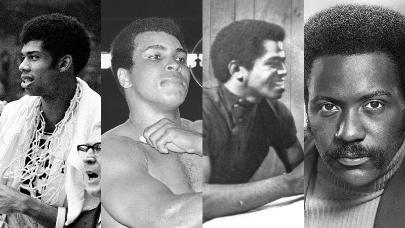 Afros as a statement of masculinity in the 1970s: basketball legend Lew Alcindor (later known as Kareem Abdul-Jabbar) in 1968; boxer Muhammad Ali in 1975; musician James Brown, in 1970, when he wasn't conking his hair; actor Richard Roundtree, famous for portraying "Shaft," seen here in 1973. (AP file; CBS Television)