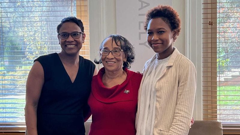 DECATUR - Edna Lowe Swift, center, is the first of three generations of family members who attended Agnes Scott College. Her daughter, to her left, Shanika Dawn Swift, graduated from the college in 1993. Her granddaughter, Tori Cole Cervantes, on the right, graduated from Agnes Scott in 2018. (Eric Stirgus / eric.stirgus@ajc.com)