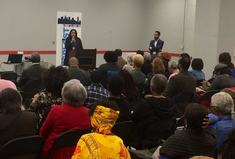 On Wednesday night, Feb. 27, 2019, more than 200 southwest Atlanta residents gathered at the CT Martin Rec Center to give city officials a piece of their mind about promised street repairs and upgrades that have yet to be made. Councilwoman Marci Overstreet urged the crowd, “We must let the city of Atlanta know it’s our turn. We’ve been left off the list for too long.” Photo by Bill Torpy
