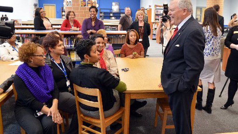 Gov. Nathan Deal visited the faculty and staff at Westlake High School Tuesday to thank members of the staff who provided care for students stranded overnight following the snow storm last week.