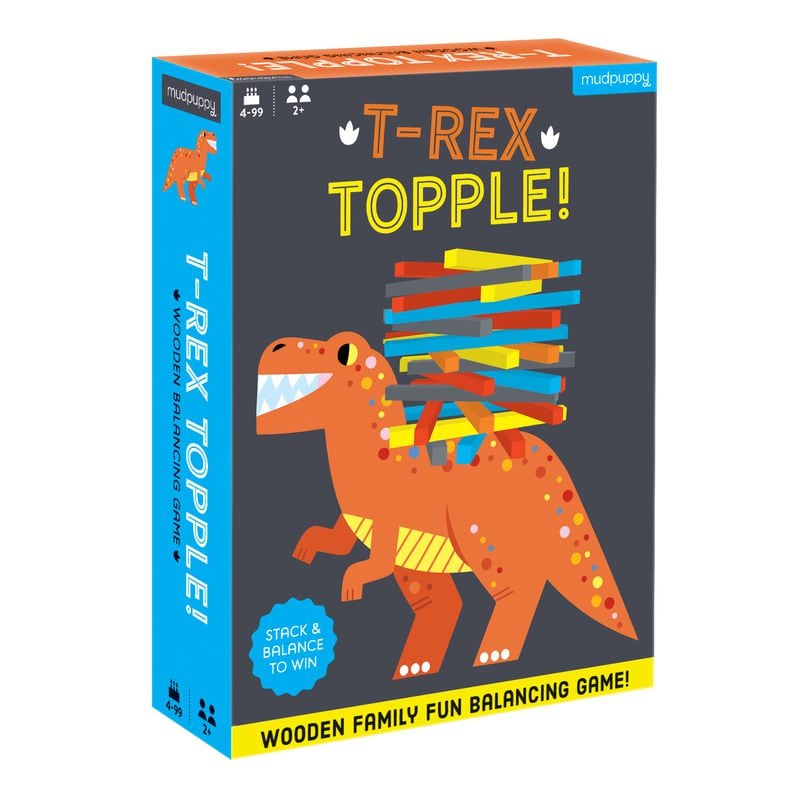 Balance colorful wooden sticks on the back of a dinosaur in the fun, family game, T-Rex Topple.
(Courtesy of Galison Publishing)