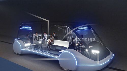 This undated artist's rendering provided by The Boring Company, shows an electric public transportation vehicle that is part of a proposed high-speed underground transportation system that will transport passengers from downtown Chicago to O'Hare International Airport. A spokesman for Chicago Mayor Rahm Emanuel confirmed Wednesday, June 13, 2018, that The Boring Company, founded by Tesla CEO Elon Musk has been selected to build the transportation system. (The Boring Company via AP)