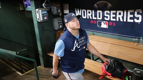 Braves reliever Tyler Matzek heads to the field for team practice Monday, Oct. 25, 2021, at Minute Maid Park the day before playing the Astros in Game 1 of the World Series in Houston. (Curtis Compton / Curtis.Compton@ajc.com)