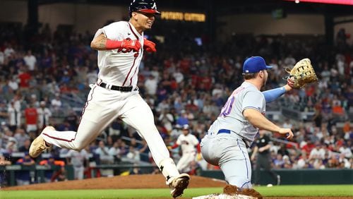 Braves second baseman Vaughn Grissom is called out at first base but was ruled safe for a RBI single after review against the New York Mets during the seventh inning in a MLB baseball game on Wednesday, August 17, 2022, in Atlanta.   “Curtis Compton / Curtis Compton@ajc.com
